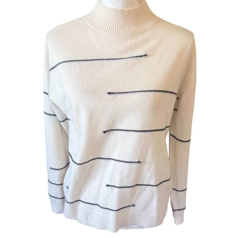 INCASHMERE Cream Mock Neck 100% Cashmere Sweater Black Stripe Minimalist Small